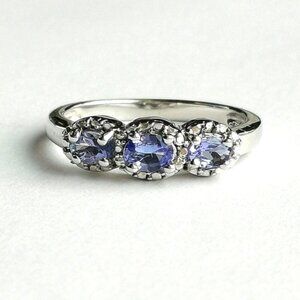 Tanzanite Three Stone ring With diamond Accents In Sterling Silver